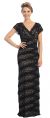 V-Neck Cap Sleeves Tiered Lace Long Formal Evening Dress in Black/Nude